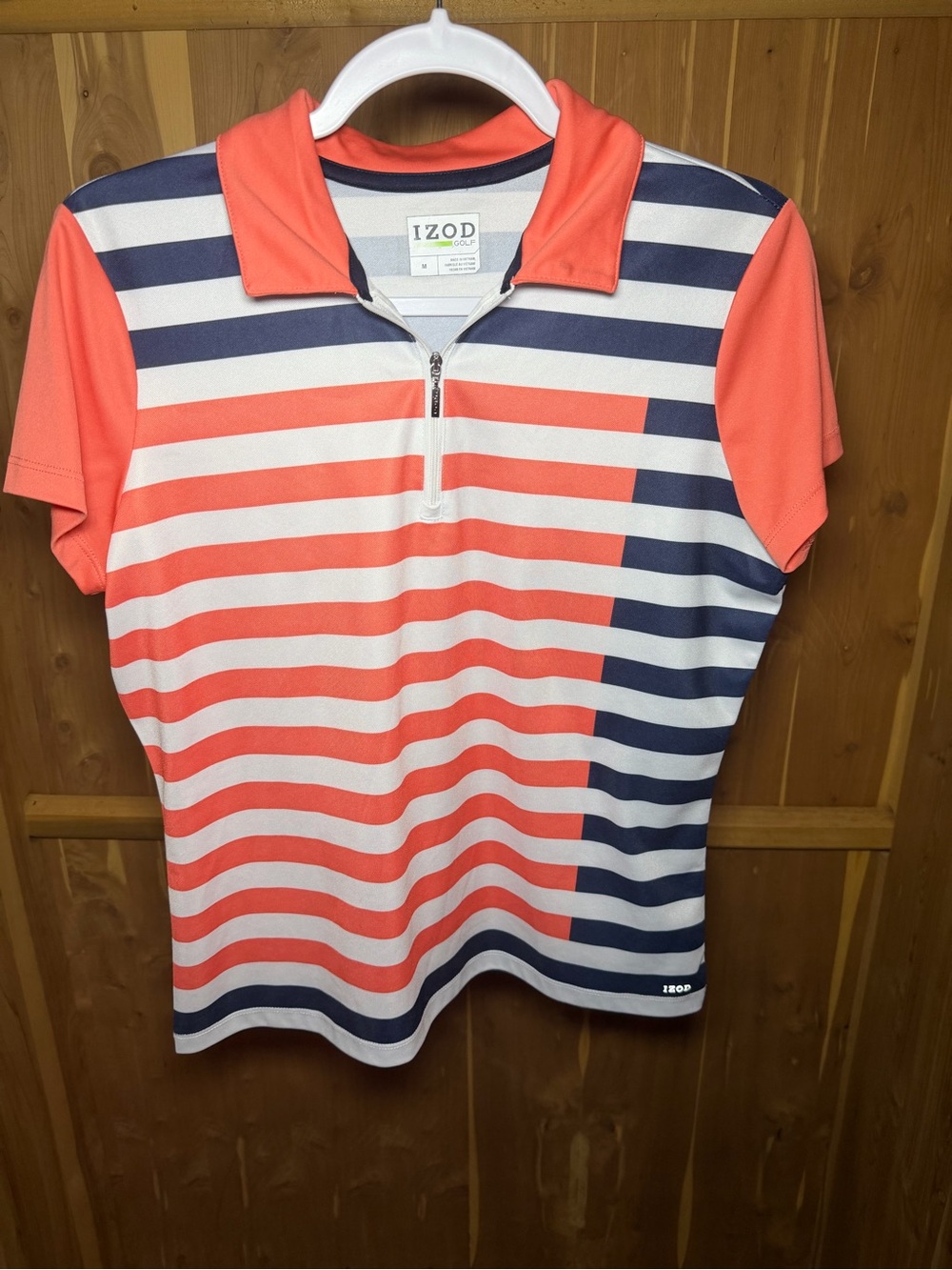 IZOD womens Coral & Navy Striped Polo Top